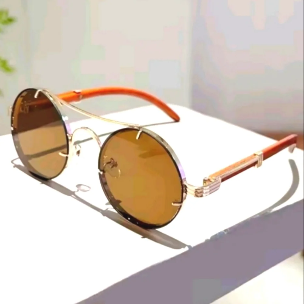 Ladies Round Gold and Brown Sunglasses